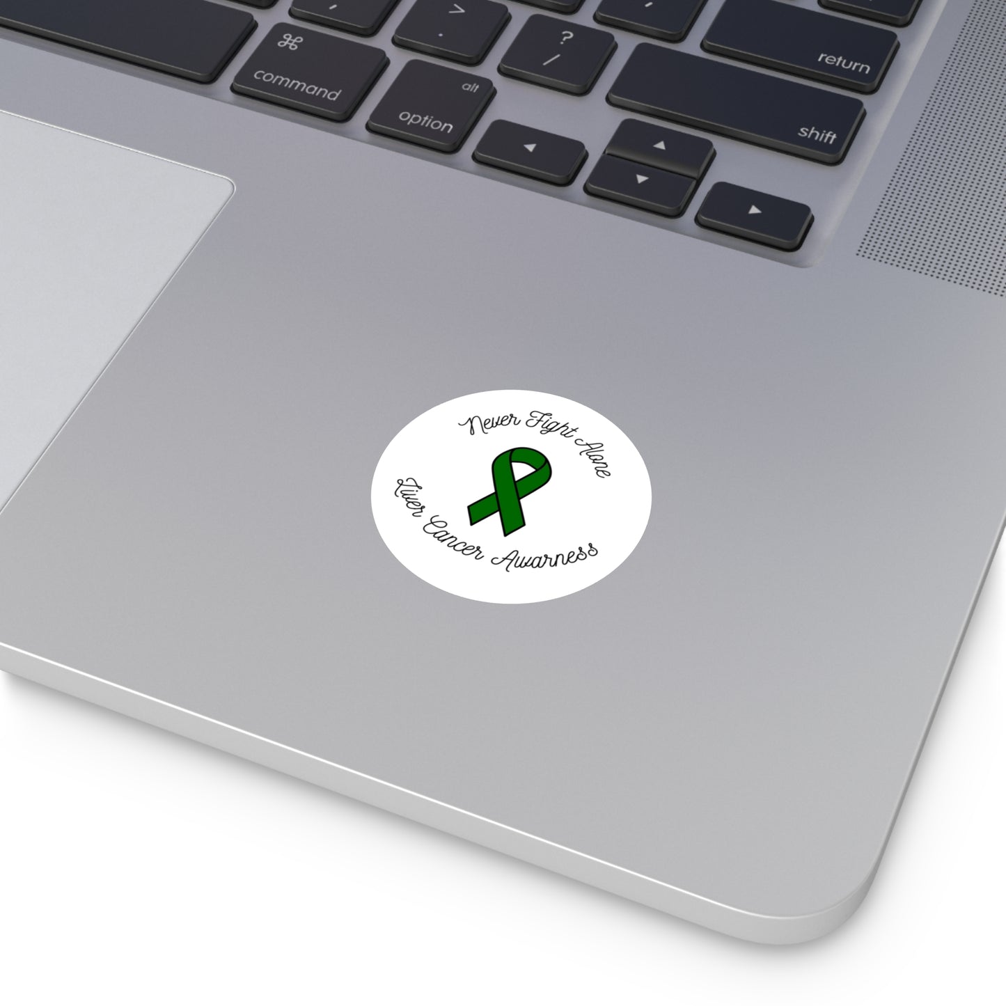 Liver Cancer Awareness Round Stickers – "Never Fight Alone" Green Ribbon Design