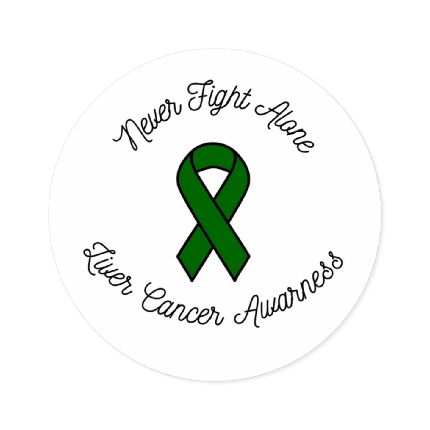 Liver Cancer Awareness Round Stickers – "Never Fight Alone" Green Ribbon Design